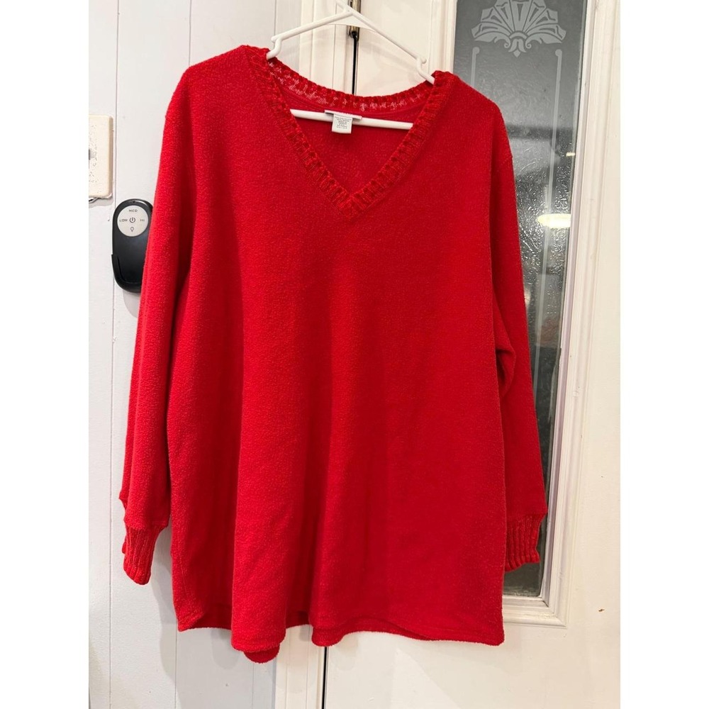 Avenue Red V-Neck Long Sleeve Sweater Crochet Trim Plus Size 22/24